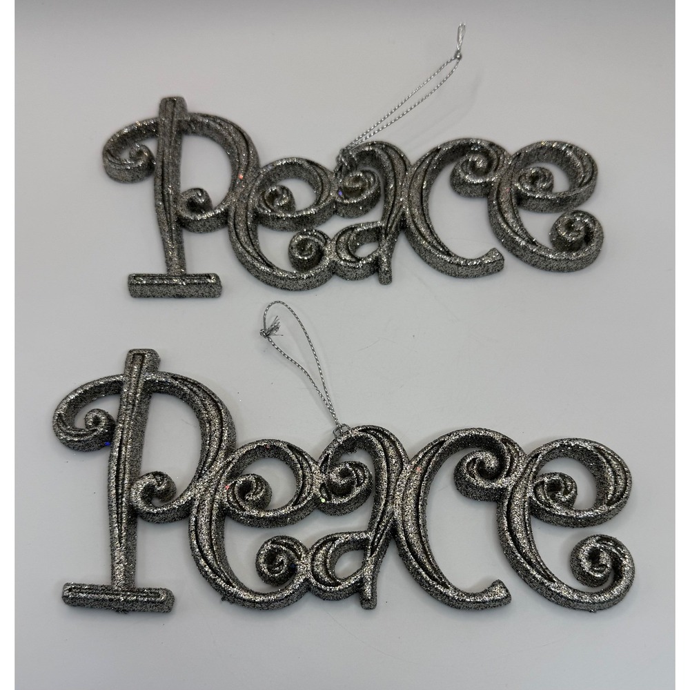 Set of 2 Glitter Peace Script Ornaments Scrollwork Cursive Holiday Christmas - Picture 2 of 3